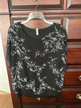 Neineiwu Womens Black Floral Overlay Blouse Flowy Chiffon Elegant Casual